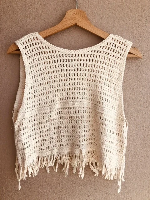 Colete em crochet boho com franjas – Novo em Branco creme – photo 5